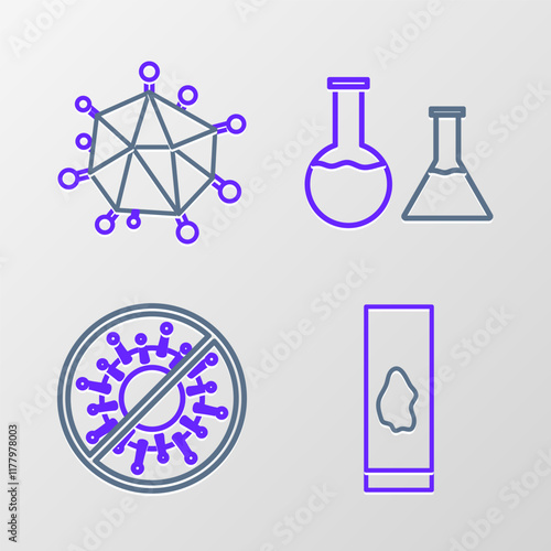 Set line Blood test and virus, Stop, Test tube flask and Virus icon. Vector
