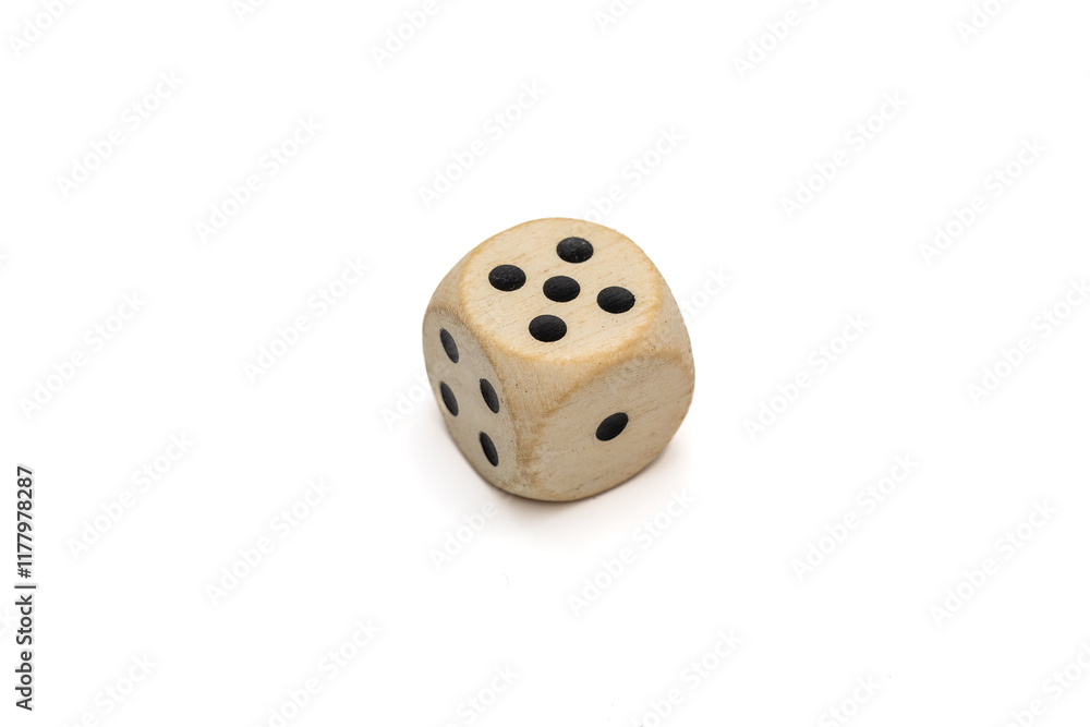 White Wood Dice Showing Five Dots on White Background White Wood Dice Showing Five Dots on White Background