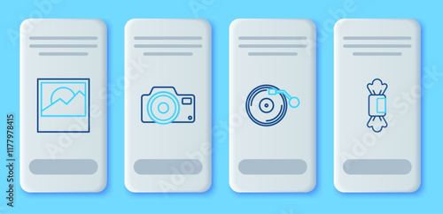 Set line Photo camera, Vinyl player with disk, and Candy icon. Vector