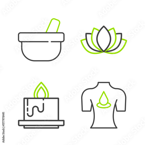 Set line Massage with aroma oils, Aroma candle, Lotus flower and Mortar pestle icon. Vector