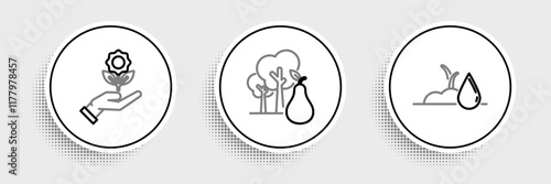 Set line Watering sprout, Hand holding flower and Tree with pears icon. Vector