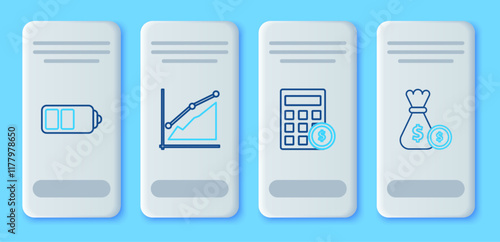Free Download Set line Pie chart infographic, Calculator with dollar symbol, Battery charge level indicator and Money bag and coin icon. Vector - GFXLoad