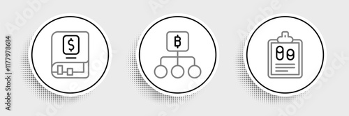 Set line Business finance report, Financial book and Blockchain technology Bitcoin icon. Vector