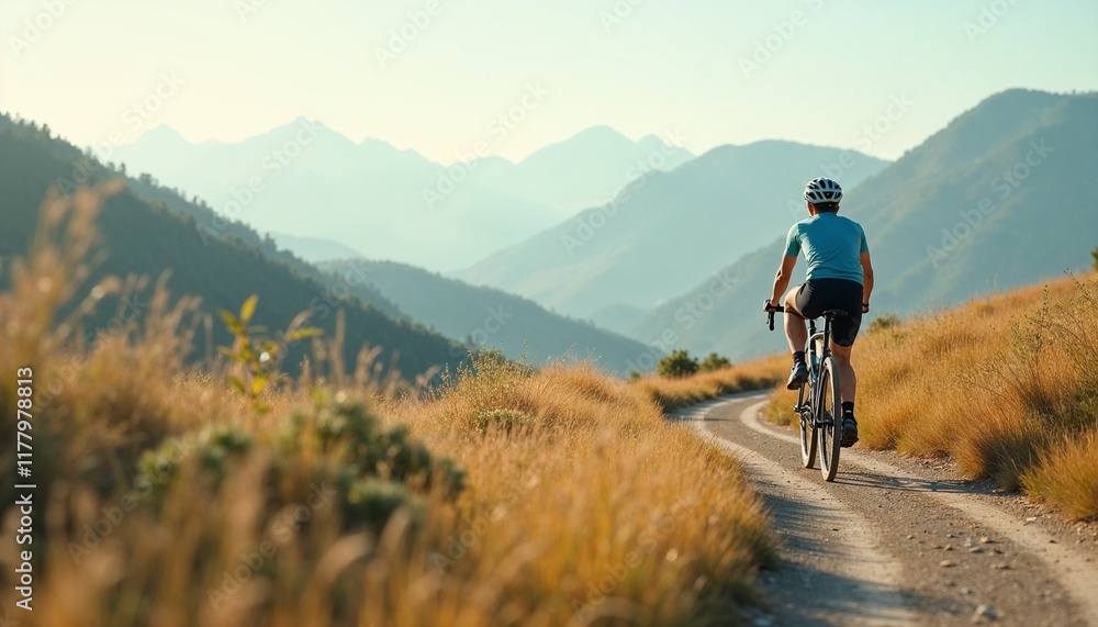 Cyclist riding on a mountain trail with enthusiasm in a picturesque landscape Cyclist riding on a mountain trail with enthusiasm in a picturesque landscape