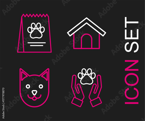 Set line Hands with animals footprint, Cat, Dog house and Bag of food for dog icon. Vector