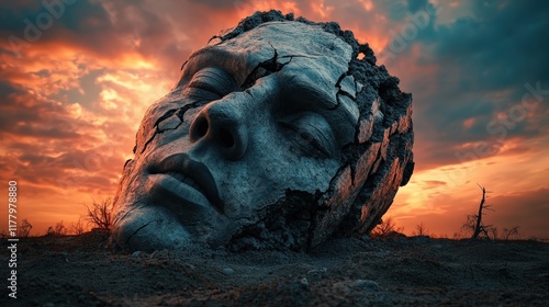 In this captivating image, a cracked face sculpture is seen against an expressive sky, portraying themes of beauty and forgetfulness, reminiscent of fleeting human experiences. photo