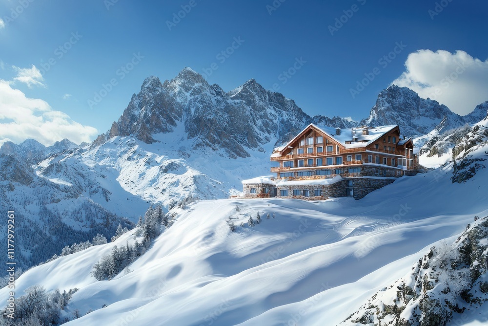 Fototapeta premium Snow-covered mountains and a cozy lodge under a clear blue sky in a winter wonderland scene with glistening trees and serene landscape. Generative AI