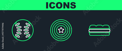 Set line Sandwich, Baseball ball and American star shield icon. Vector