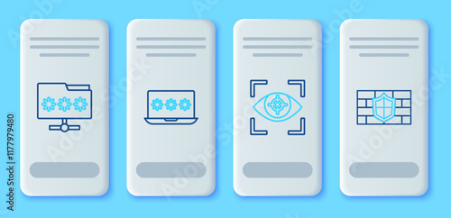Set line Laptop with password, Eye scan, Folder and Shield brick wall icon. Vector