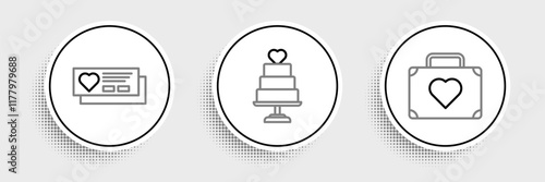 Set line Suitcase for travel with heart, Ticket and Wedding cake icon. Vector