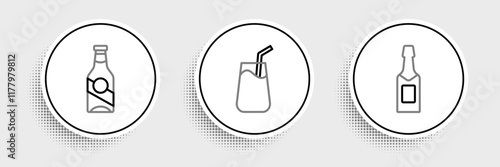 Set line Champagne bottle, Beer and Cocktail icon. Vector