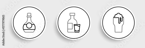 Set line Glass of beer, Bottle cognac or brandy and vodka with glass icon. Vector