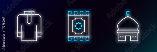 Set line Muslim Mosque, Shirt kurta and Traditional carpet icon. Glowing neon. Vector