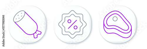 Set line Steak meat, Salami sausage and Discount percent tag icon. Vector
