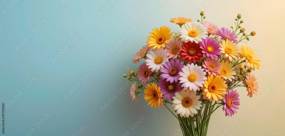 Bunch of vibrant, colorful flowers against a soft pastel-colored background, creating a cheerful summer aesthetic, with ample copy space for messages or designs Bunch of vibrant, colorful flowers against a soft pastel-colored background, creating a cheerful summer aesthetic, with ample copy space for messages or designs
