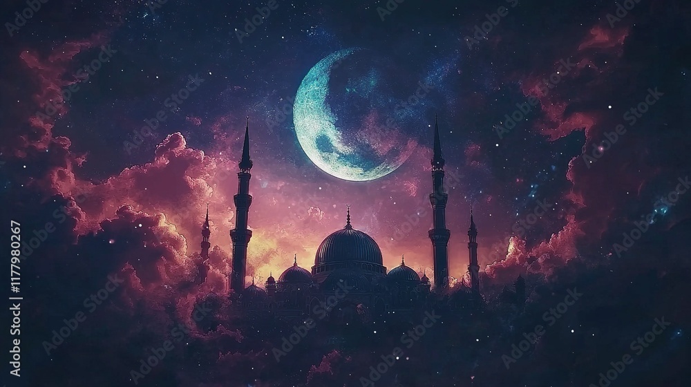 Naklejka premium Mosque silhouette against crescent moon, stars, and cloudy night sky.