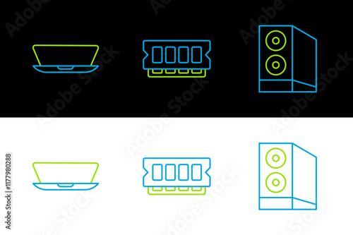 Set line Case of computer, Laptop and RAM, random access memory icon. Vector