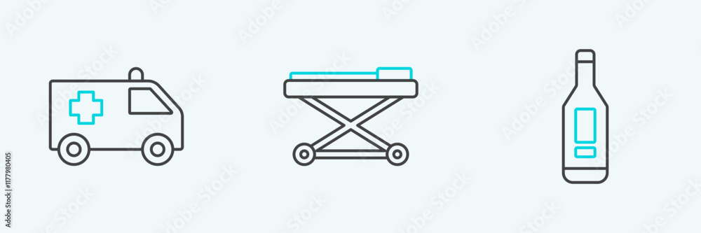 Set line Digital thermometer, Ambulance car and Stretcher icon. Vector Set line Digital thermometer, Ambulance car and Stretcher icon. Vector