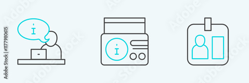 Set line Journalist id card, Television report and News radio channel icon. Vector