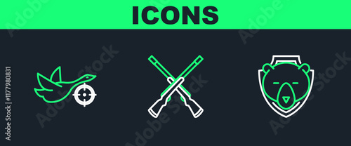 Set line Bear head on shield, Hunt duck with crosshairs and Two crossed shotguns icon. Vector