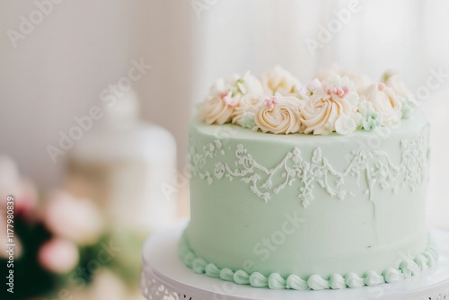 vintage-style single-tiered cake in mint green with elegant piped designs, ribbon accents, and a classic, timeless charm photo