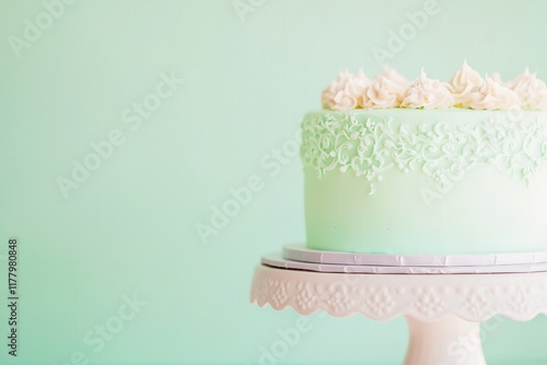 vintage-style single-tiered cake in mint green with elegant piped designs, ribbon accents, and a classic, timeless charm photo