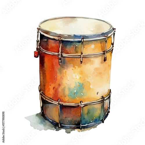 A watercolor drawing of a steel drum, isolated on a white background. Percussion instrument vector.
