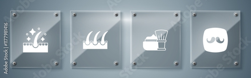 Set Barbershop, Shaving brush with foam, Human hair follicle and Oil for care treatment. Square glass panels. Vector