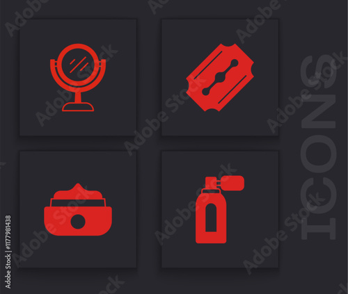 Set Aftershave with atomizer, Hand mirror, Blade razor and Gel wax for hair styling icon. Vector