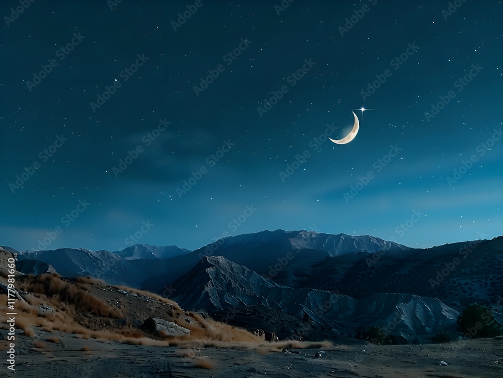 Obraz premium A beautiful night sky with a shooting star and a crescent moon.