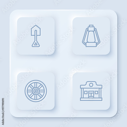 Set line Shovel, Camping lantern, Old wooden wheel and Wild west saloon. White square button. Vector