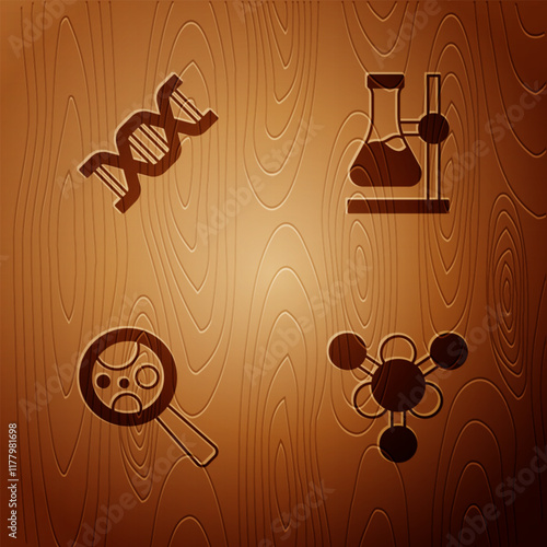 Set Molecule, DNA symbol, Microorganisms under magnifier and Test tube flask on stand on wooden background. Vector