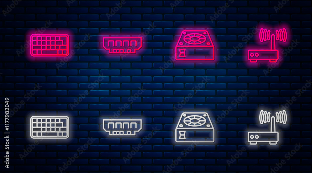 Set line RAM, random access memory, Computer cooler, Keyboard and Router wi-fi signal. Glowing neon icon on brick wall. Vector Set line RAM, random access memory, Computer cooler, Keyboard and Router wi-fi signal. Glowing neon icon on brick wall. Vector