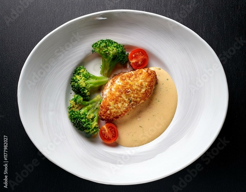 top view of chicken cordon bleu on a white plate with broccoli tomatoes and mustard cream sauce in a boat with empty space1.jpg photo