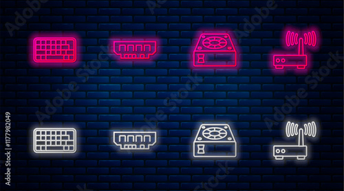 Set line RAM, random access memory, Computer cooler, Keyboard and Router wi-fi signal. Glowing neon icon on brick wall. Vector