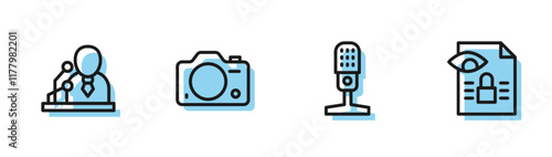 Set line Microphone, Breaking news, Photo camera and Journalistic investigation icon. Vector