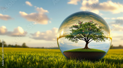 Une sphère magique renferme un monde : un arbre de vie solide et vibrant se dresse dans un paysage éclatant.