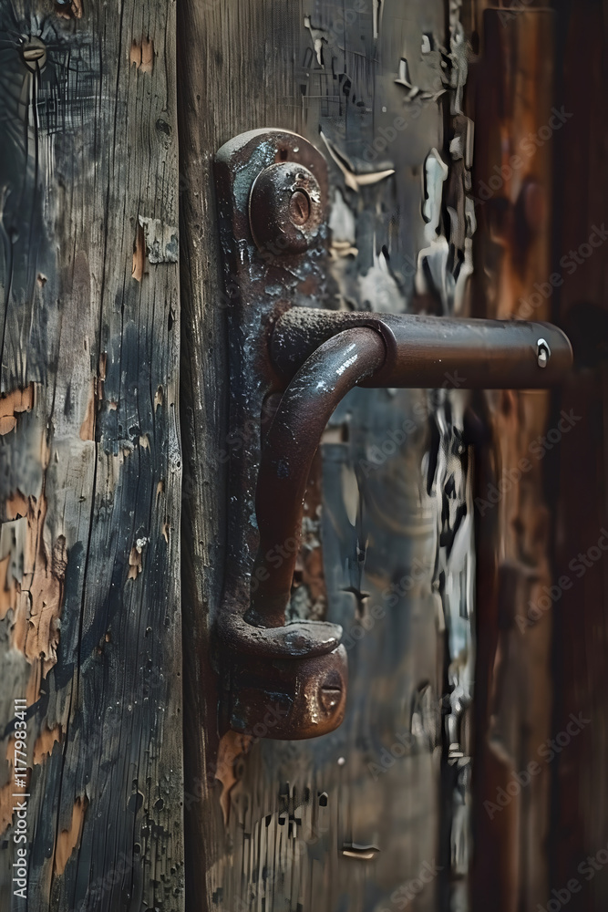 Rustic Metallic Handle on Aged Wooden Door – A Close-Up View of Time-Worn Elegance and History Rustic Metallic Handle on Aged Wooden Door – A Close-Up View of Time-Worn Elegance and History
