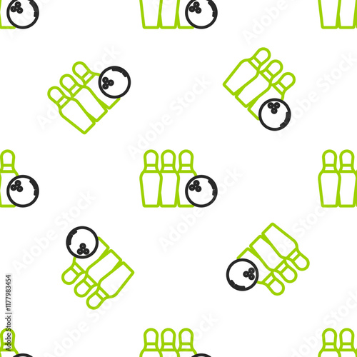 Line Bowling pin and ball icon isolated seamless pattern on white background. Sport equipment. Vector