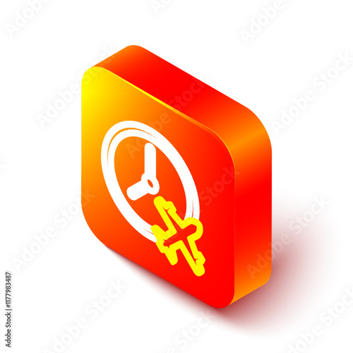 Isometric line Clock with airplane icon isolated on white background. Designation of time before departure, check-in for flight and arrival time symbol. Orange square button. Vector