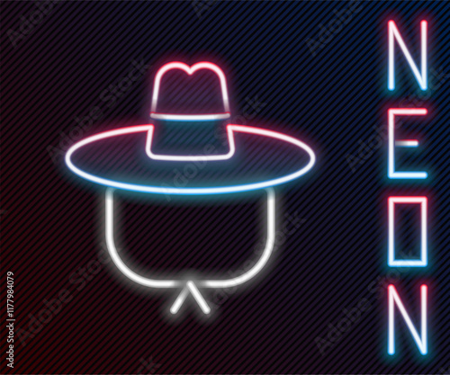 Glowing neon line Camping hat icon isolated on black background. Beach hat panama. Explorer travelers hat for hunting, hiking, tourism. Colorful outline concept. Vector