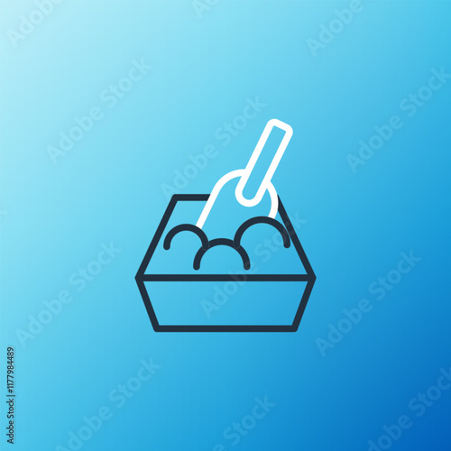 Line Cat litter tray with shovel icon isolated on blue background. Sandbox cat with shovel. Colorful outline concept. Vector