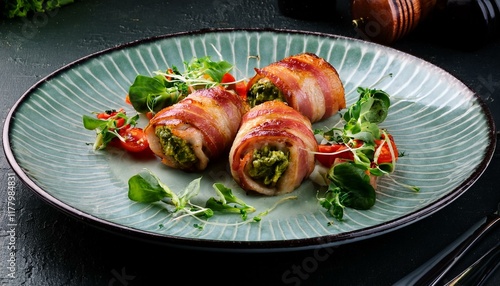 tasty bacon wrapped chicken rolls with pesto and sun dried tomatoes accompanied by veggies and microgreens1.jpg photo