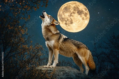 Majestic wolf howling at the bright full moon in a mystical, enchanting forest night scene photo