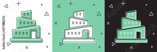 Set Babel tower bible story icon isolated on white and green, black background. Vector