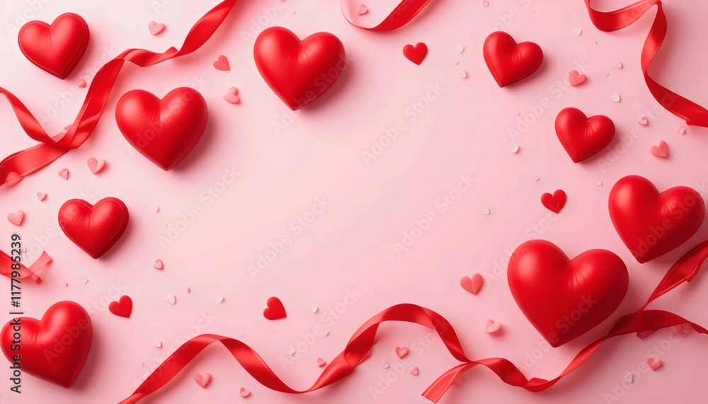 Red hearts and decorative ribbons on a soft pastel pink background, creating a romantic atmosphere for Valentine's Day, anniversaries, and birthday celebrations Red hearts and decorative ribbons on a soft pastel pink background, creating a romantic atmosphere for Valentine's Day, anniversaries, and birthday celebrations