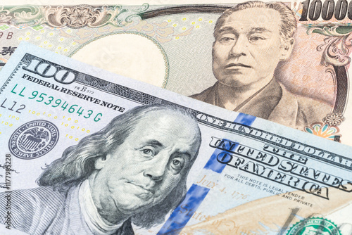 Wallpaper Mural 100 US dollar and 10000 yen banknotes. International trade concept Torontodigital.ca