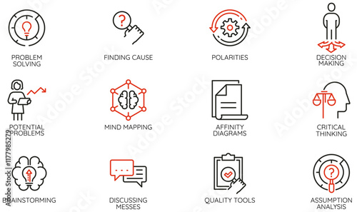 Vector Set of Linear Icons Related to Potential Problem Solving, Decision Making, Leadership Traits. Mono line pictograms and infographics design elements