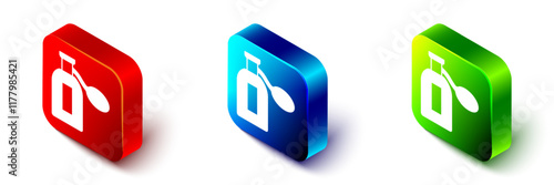 Isometric Perfume icon isolated on white background. Red, blue and green square button. Vector