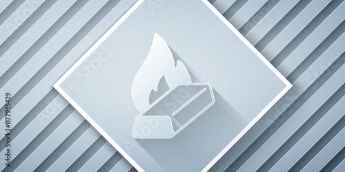 Paper cut Molten gold being poured icon isolated on grey background. Molten metal poured from ladle. Paper art style. Vector